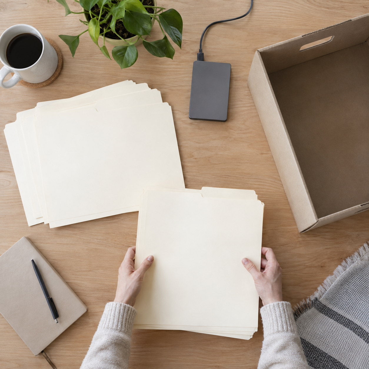 자료철과 저장 매체를 인계 상자 앞에 정리하는 모습
